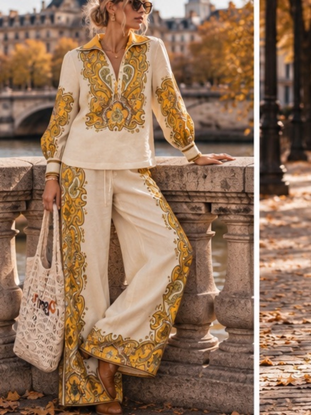 Alemais porter Cream Wide-Leg Set with Gold Paisley Trim